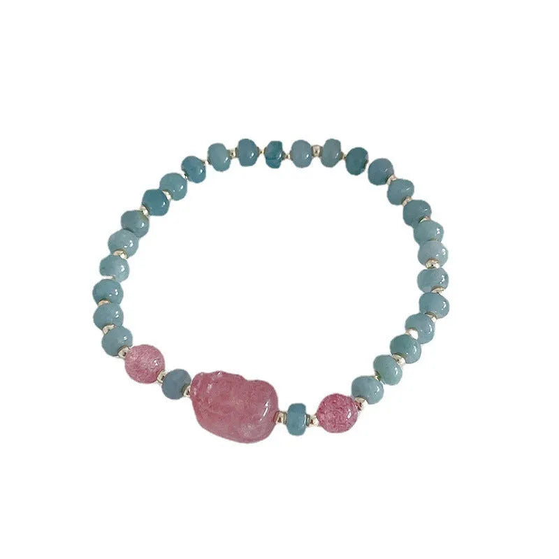 Natural blue water jade bracelet with gourd peace buckle charm in ethnic retro style