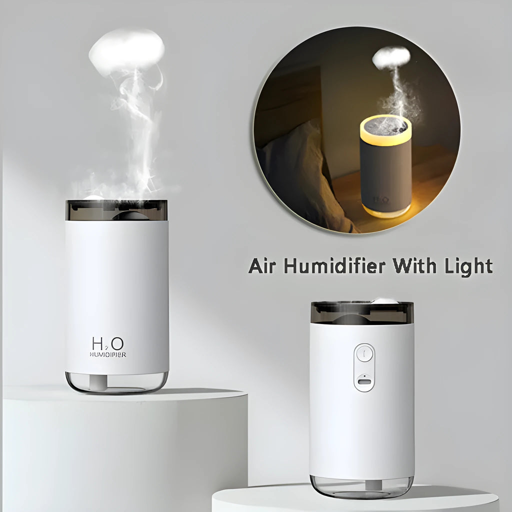 White USB jellyfish smoke ring humidifier with warm night light on a wooden desk