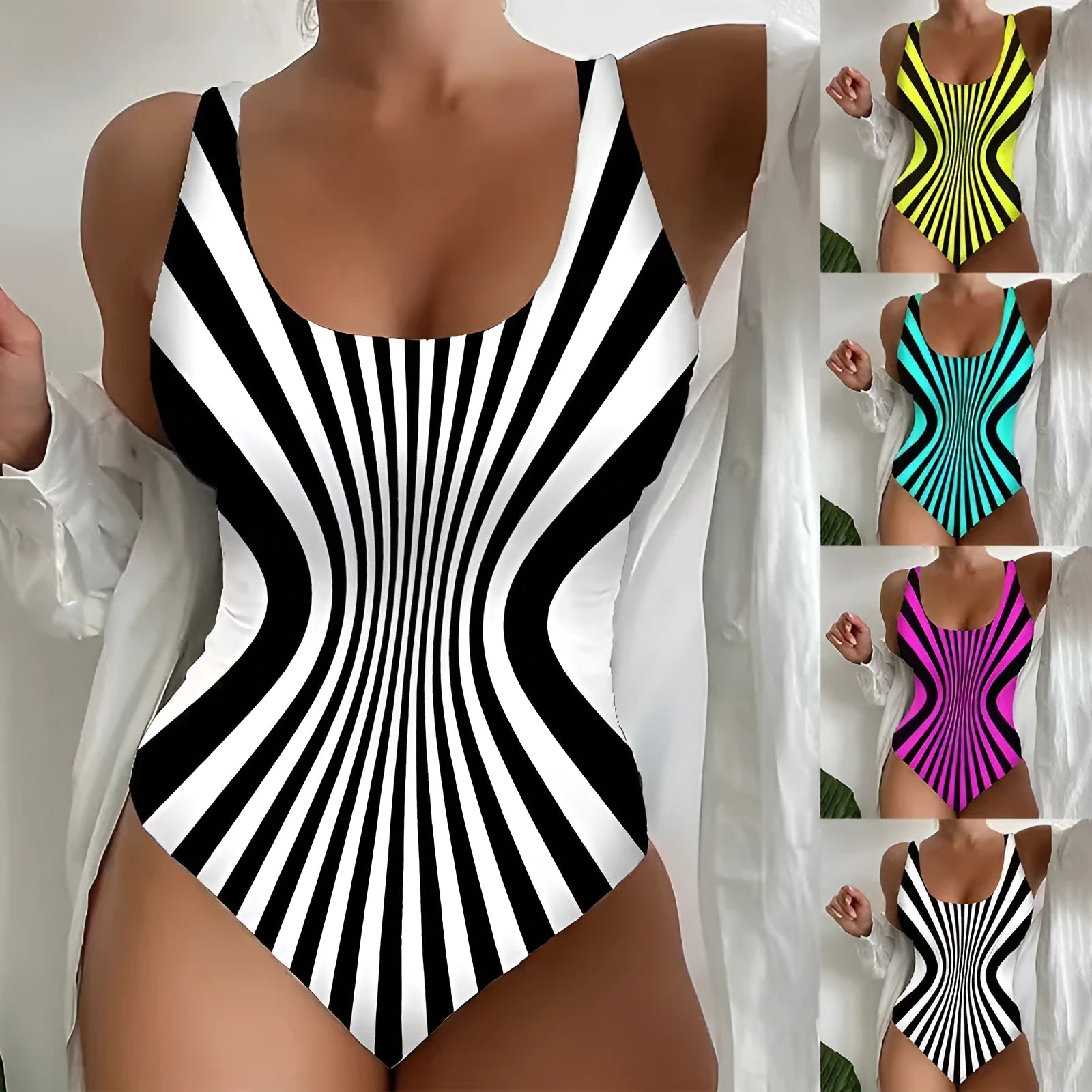 Sling one-piece striped printed swimsuit for women in fluorescent green, polyester fabric, S-5XL sizing