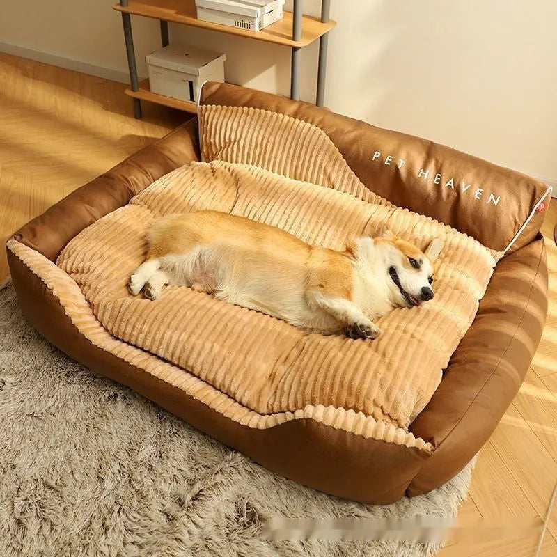 Warm brown cloth pet bed with sofa backrest, deep sleep kennel mat for dogs, available in four sizes