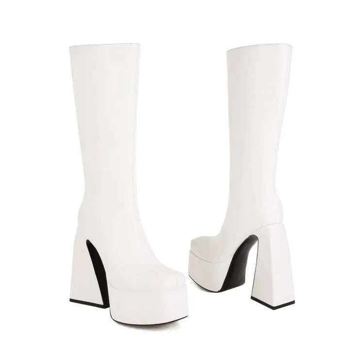 Women's high boots in black, red, blue, and white colours showing artificial PU material and casual style