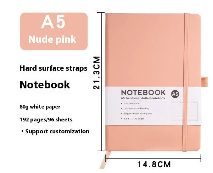 A5 diary notebook with soft skin-feel PU leather cover, strap closure, and horizontal line inner pages