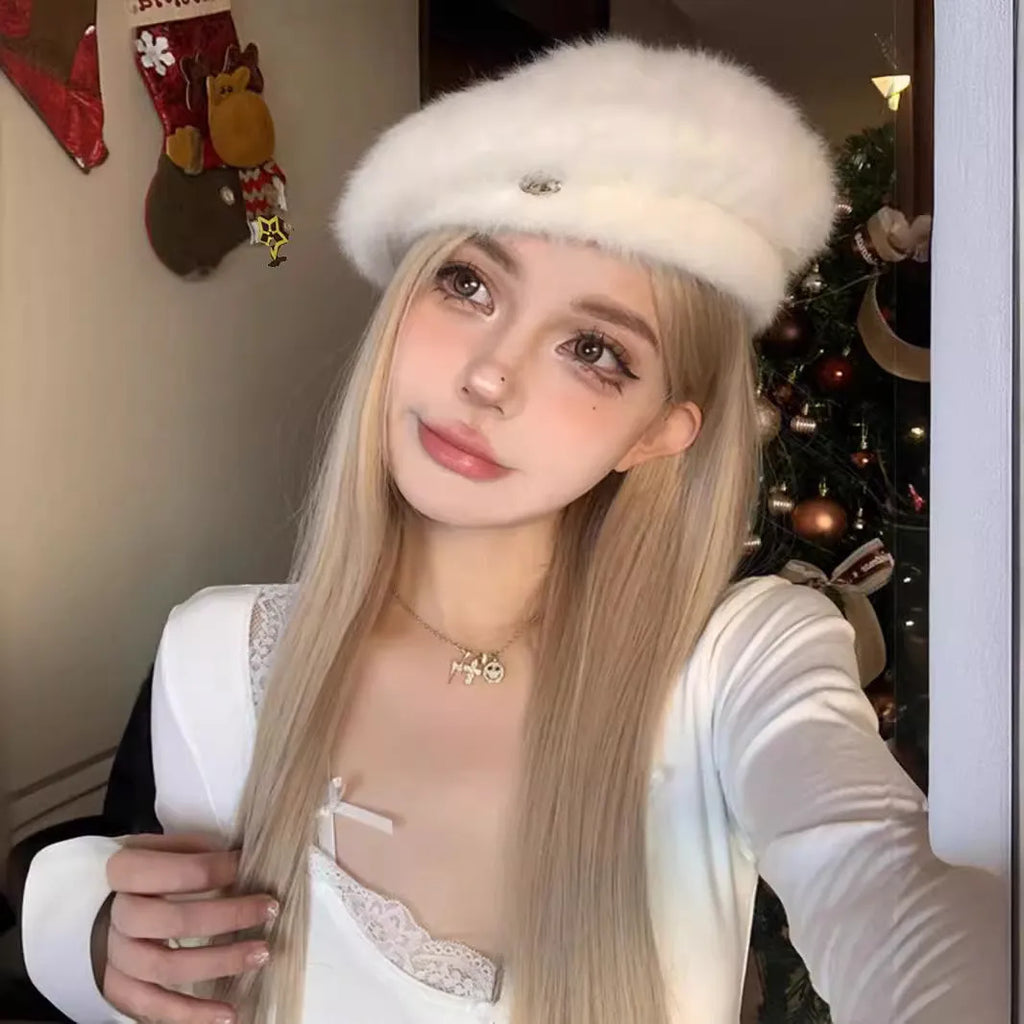 Long straight milk tea blonde synthetic wig on a stand with hair net