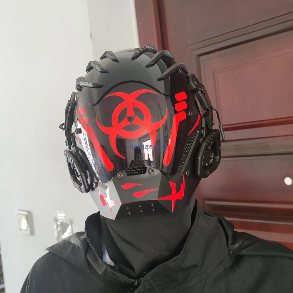 Black full face plastic prop mask helmet with a bioweapon-inspired cyberpunk design.