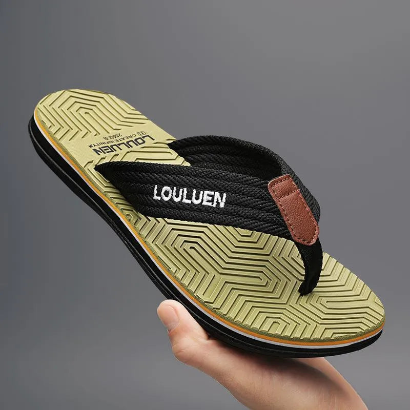 Men's black flip flop sandals with EVA upper and textured PVC sole for non-slip wear.