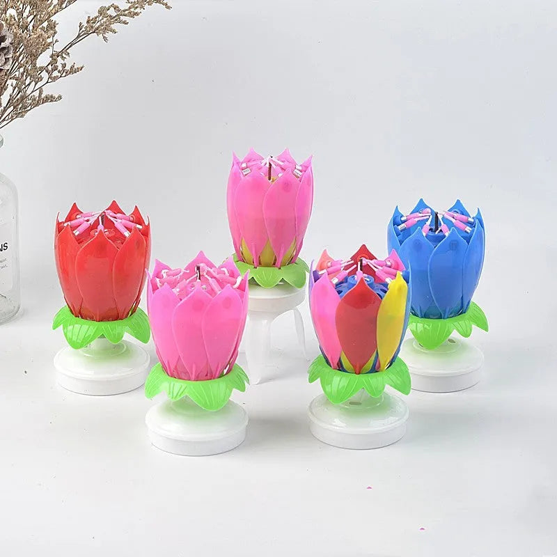 Lotus music birthday candle with rotating flower shape in pink colour