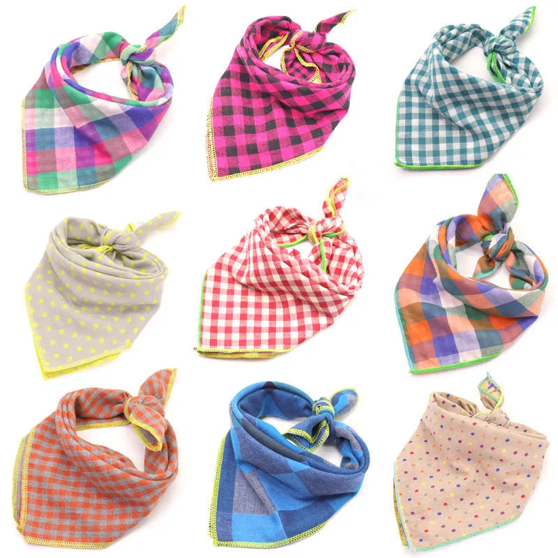 Plaid double sided cotton pet scarf in beige colour, 45x45cm, laid flat on surface