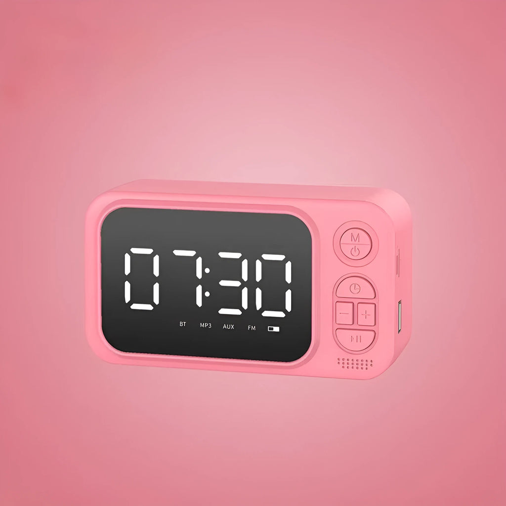 Portable Bluetooth speaker alarm clock radio, 138×78×46 mm, 1200mAh, shown in black with USB interface and button controls