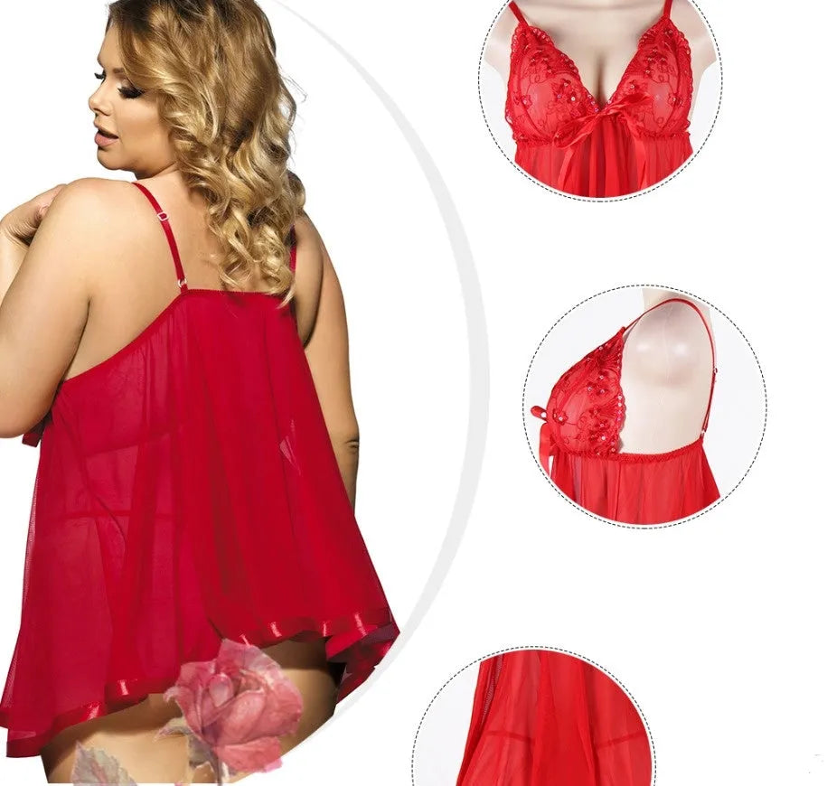 Purple women's sleeveless sleepdress with lace trim, shown on a hanger.