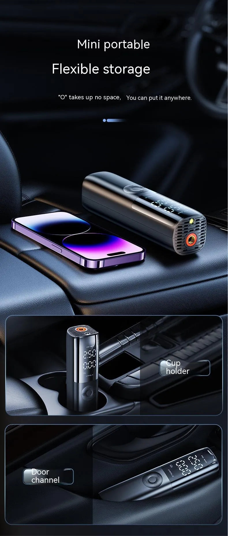 Black portable electric car air pump with tyre pressure gauge and plug