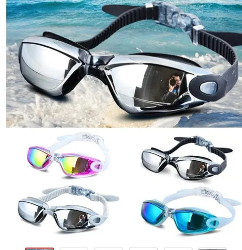 Classic style silicone swimming goggles with anti-fog PC lens on a blue background