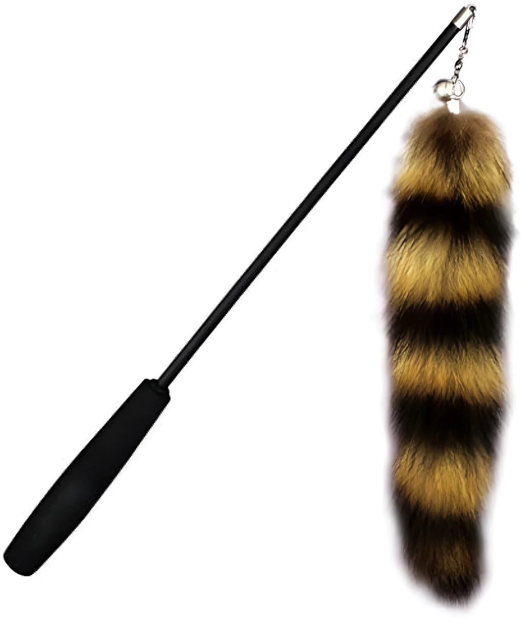Black cat toy wand with elastic string and feather attachment for interactive feline play