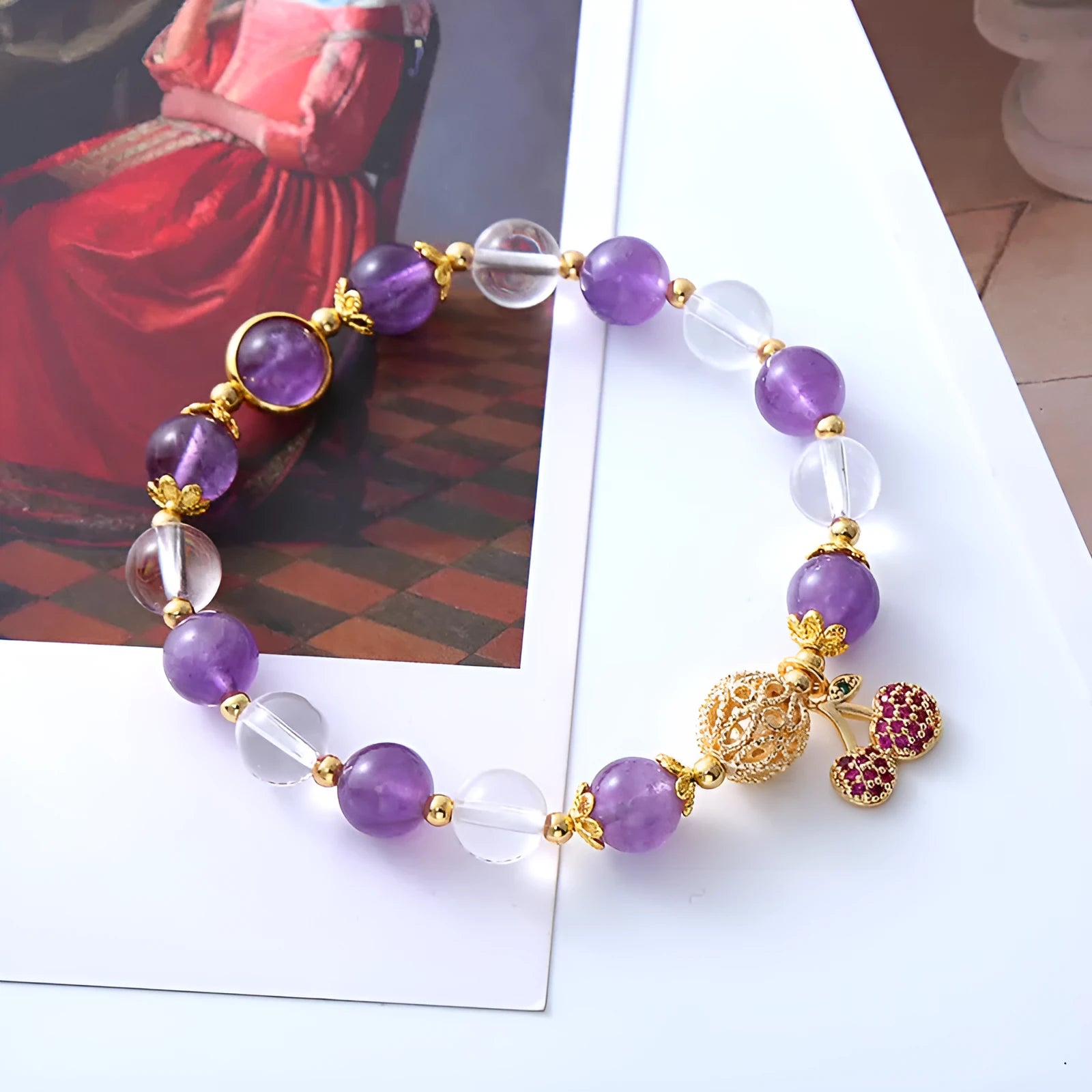Purple crystal bracelet with amethyst cherry flower micro-inlaid design, handmade women's jewellery