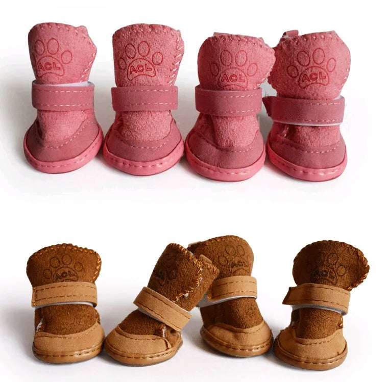 Set of 4 khaki and pink velvet dog boots with lambskin look, sizes 1 to 5 for small dogs