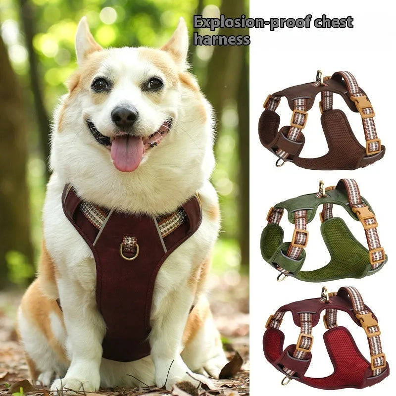 Brown leather dog harness with reflective strips and metal D-ring for lead attachment
