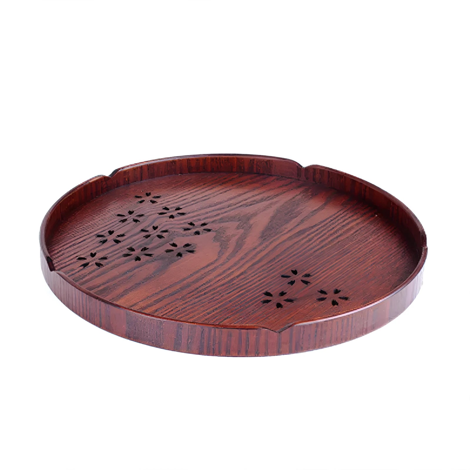 Wooden Japanese dessert plate with hollow cherry blossom design, 30cm diameter shallow fruit serving tray