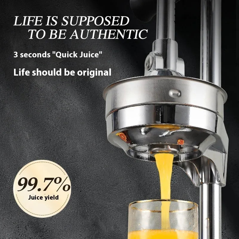 Vertical stainless steel manual citrus juicer in a choice of colours and head styles on a kitchen counter.