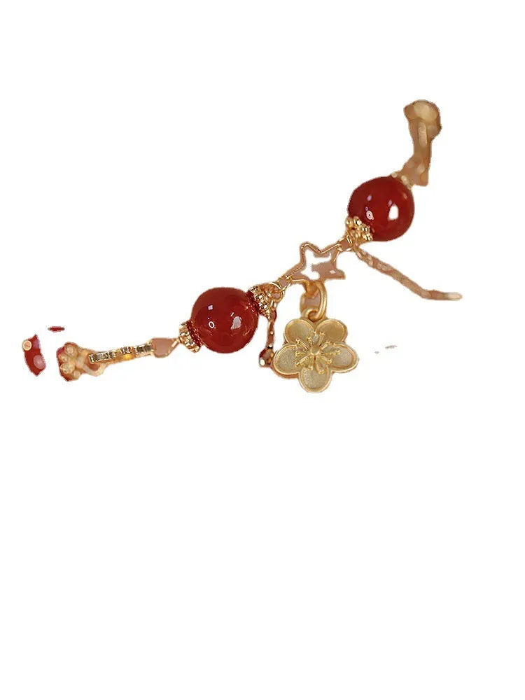 Women's red agate double layer bracelet with floral peach blossom ethnic designs