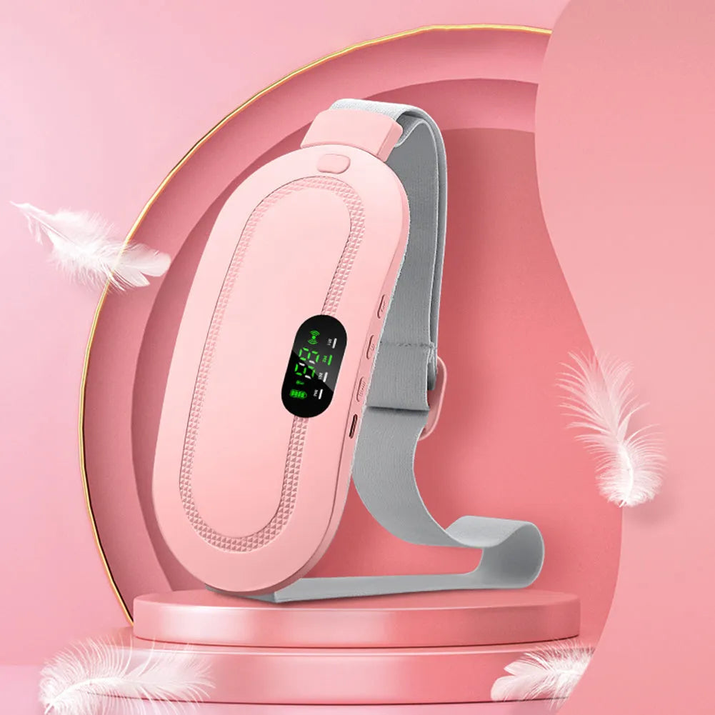 Pink smart menstrual heating belt with digital controller on a 1.5 metre cable.
