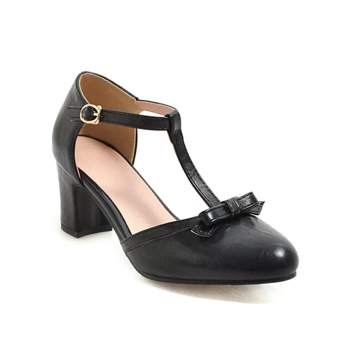 Women's apricot PU chunky heel sandals with bow detail and buckle strap on a 6.5cm heel.