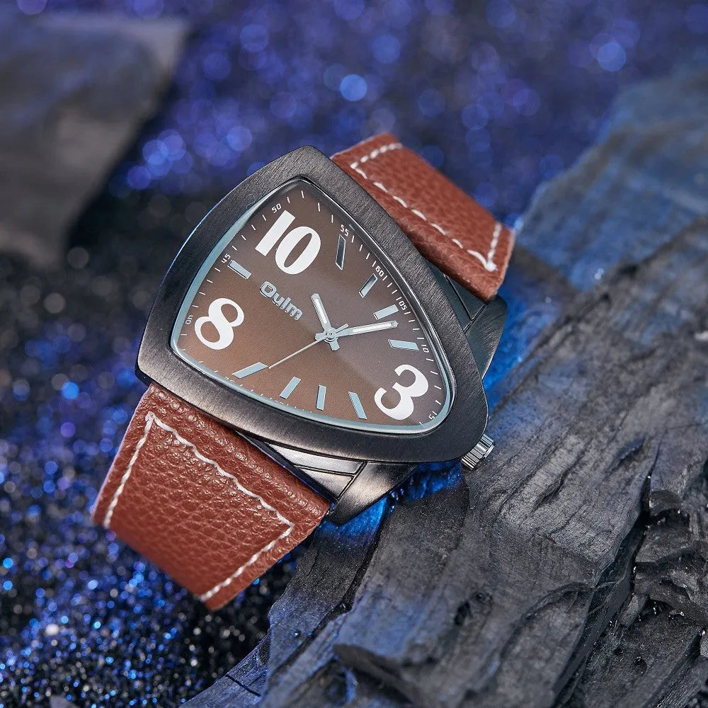 Men's casual quartz watch with triangle belt strap, shown in brown, black, and blue colour options.