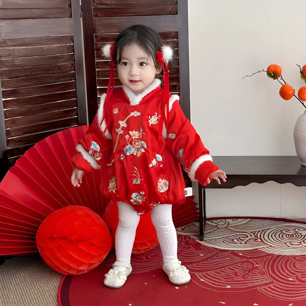 Red triangle baby jumpsuit for girls with long sleeves from 66cm to 90cm height