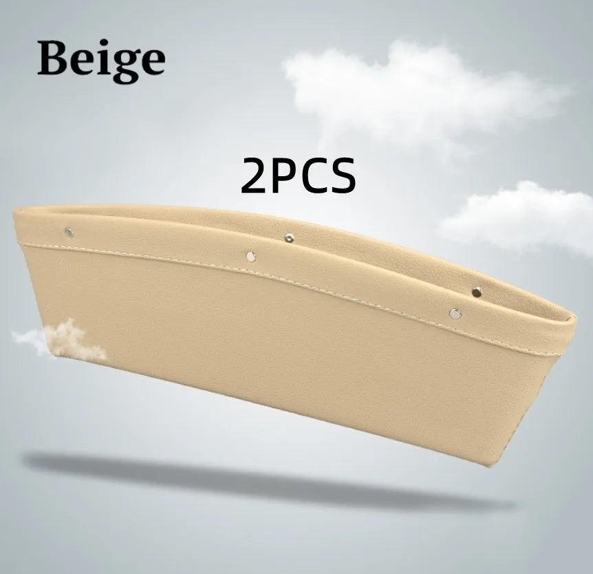 Faux leather car seat gap storage organiser in beige holding a phone and keys, size 35x10.5x4 cm