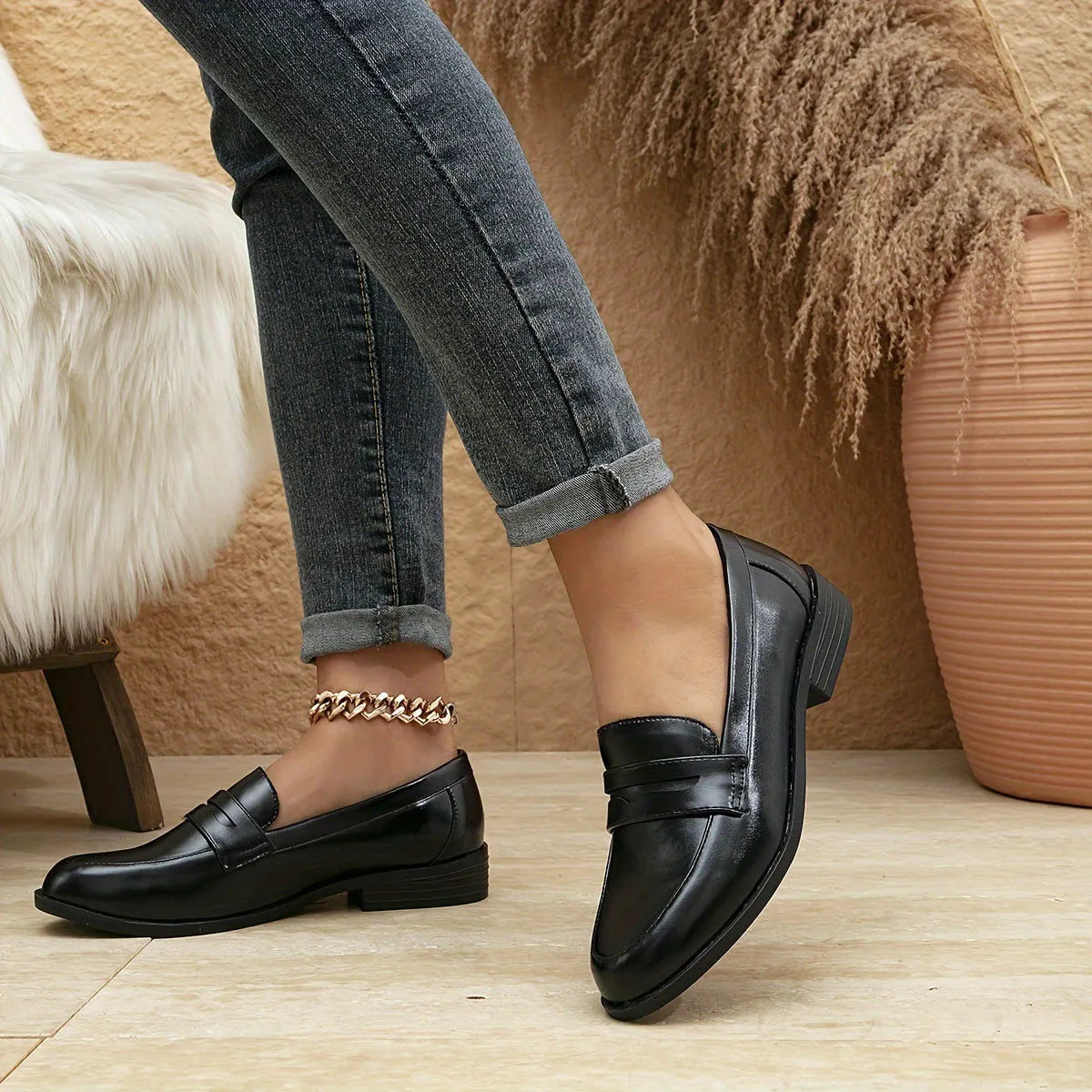 Women's polyurethane loafers with high wedge heel, synthetic leather upper, round toe, in black, brown, white, coffee