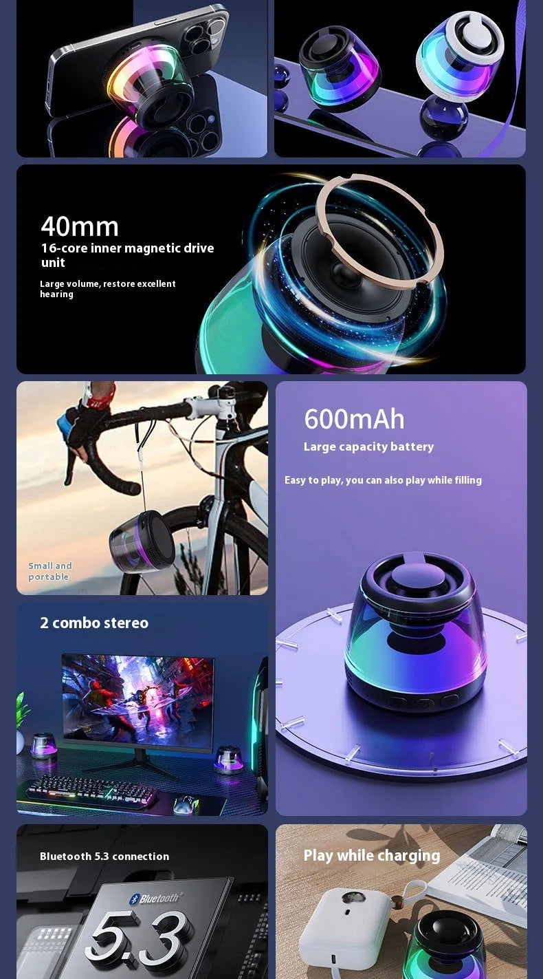 Portable white Bluetooth speaker with ambient lighting and magnetic base for desktop use