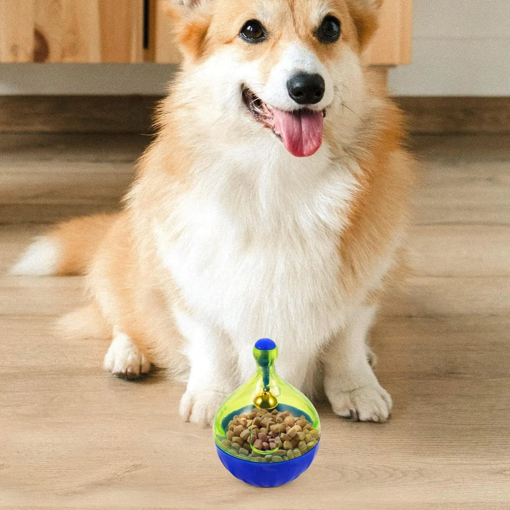 Blue and white tumbler-shaped pet toy for dispensing dog or cat treats during play.