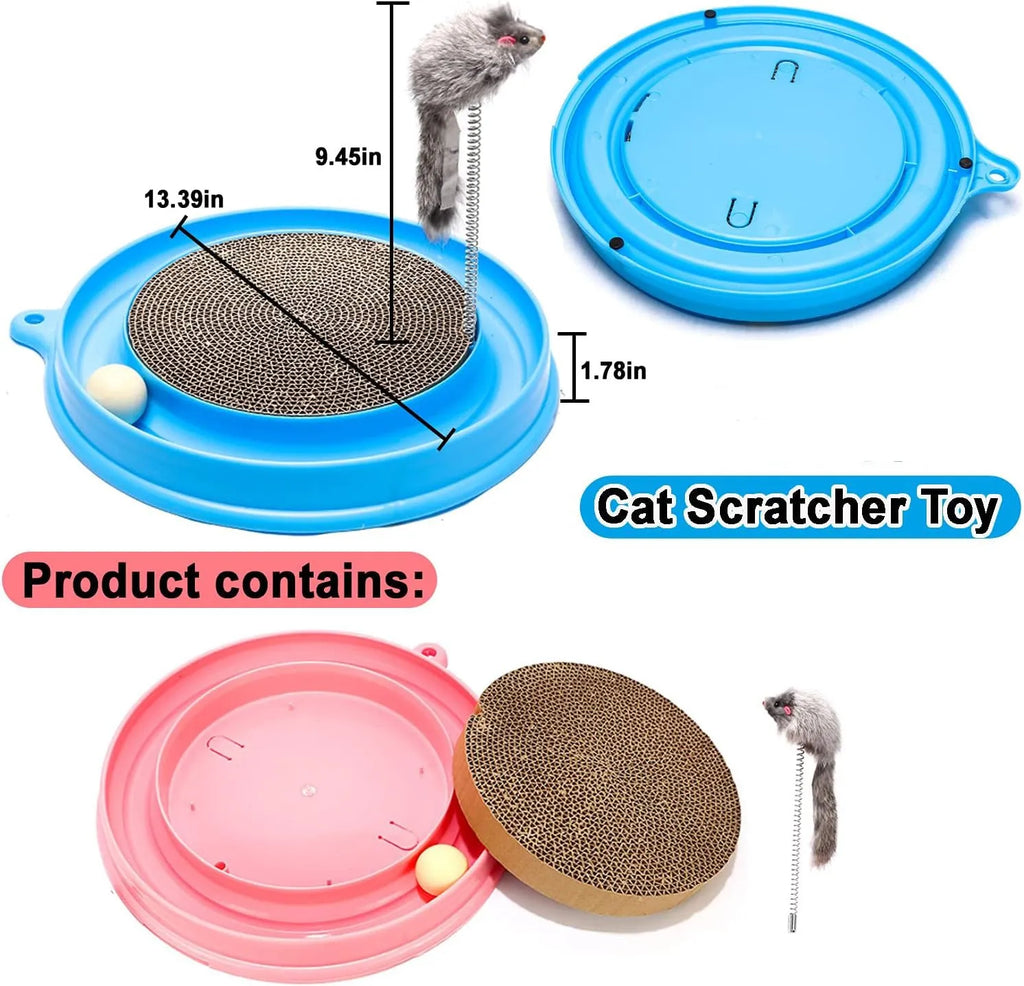 Blue interactive cat scratcher with ball track and replaceable scratch pad measuring 40cm square