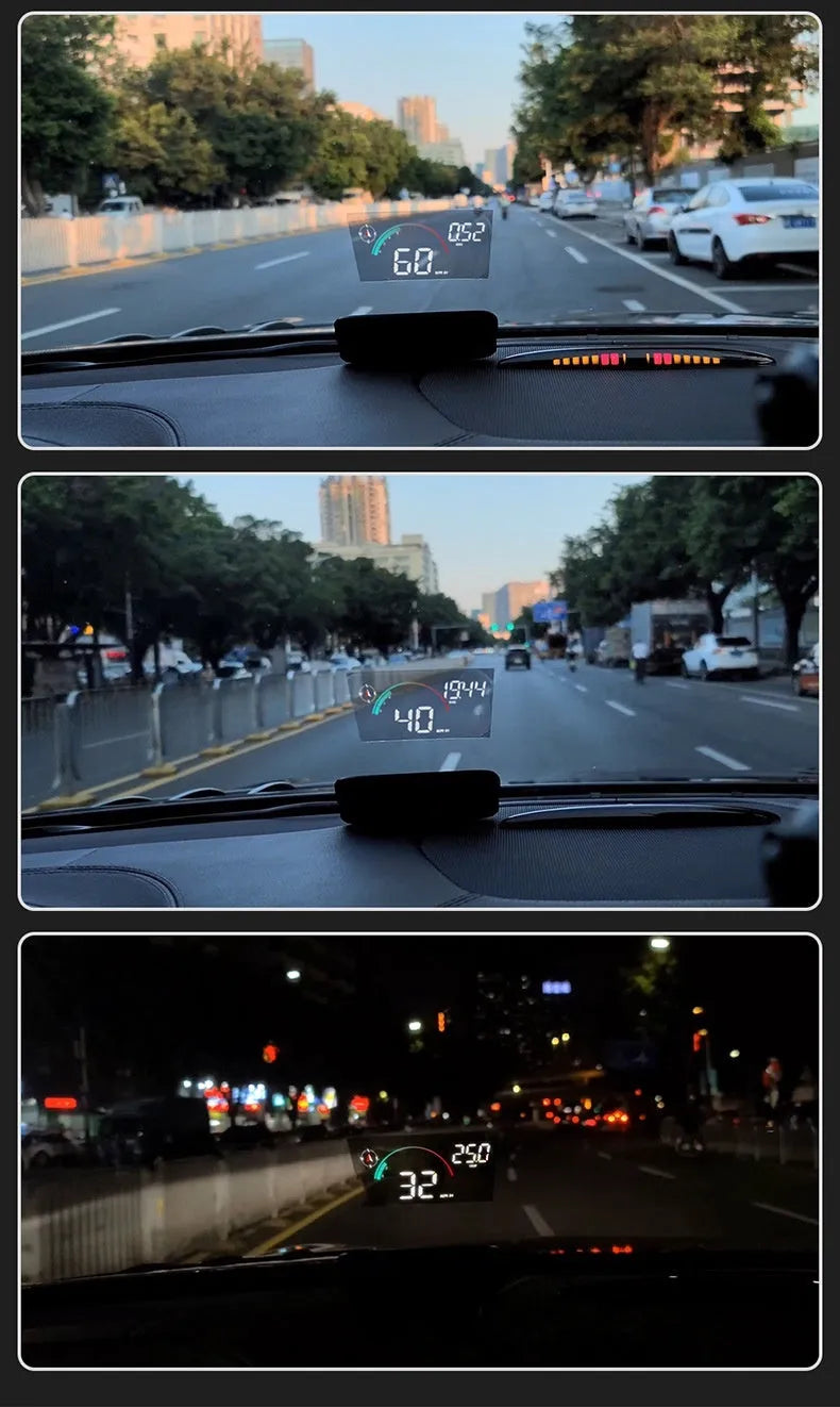 Black universal head-up display (HUD) car projector unit for windscreen speed and compass projection.