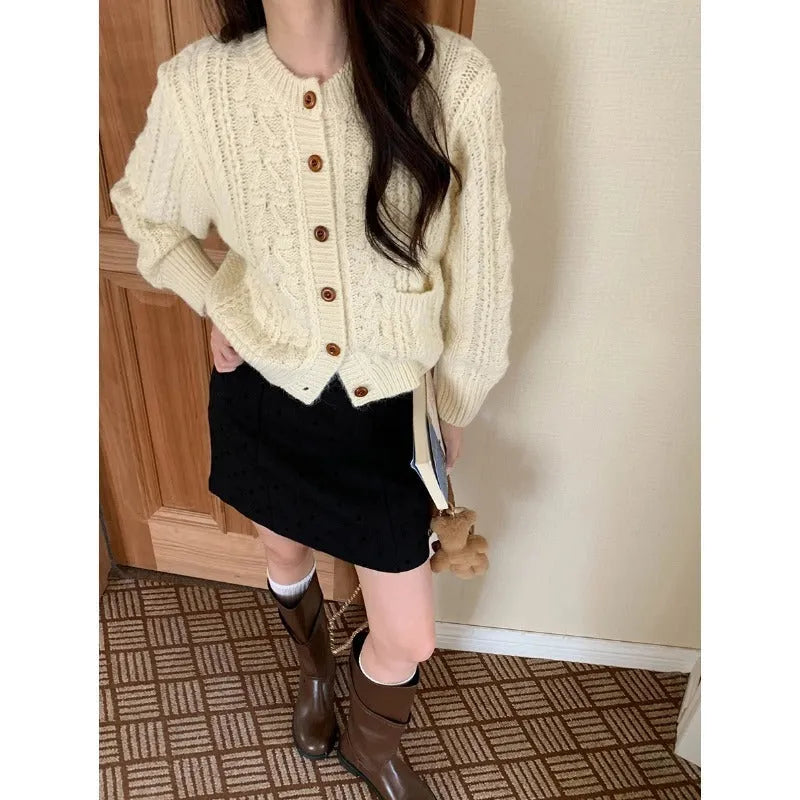 Thick knit twisted texture cardigan in beige with open front and short 40cm length
