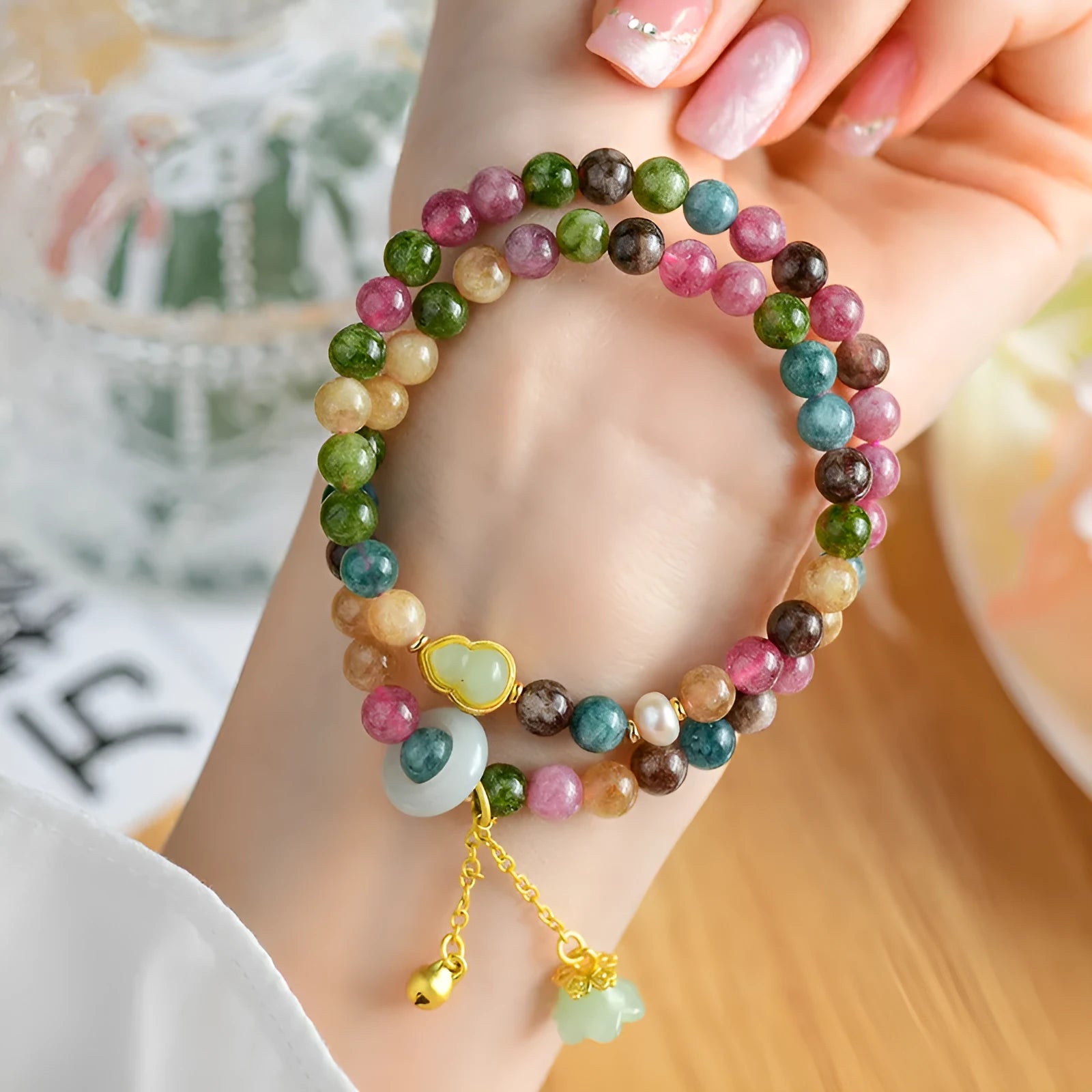 Chalcedony double circle bracelet with 6-6.5mm beads in a geometric design.
