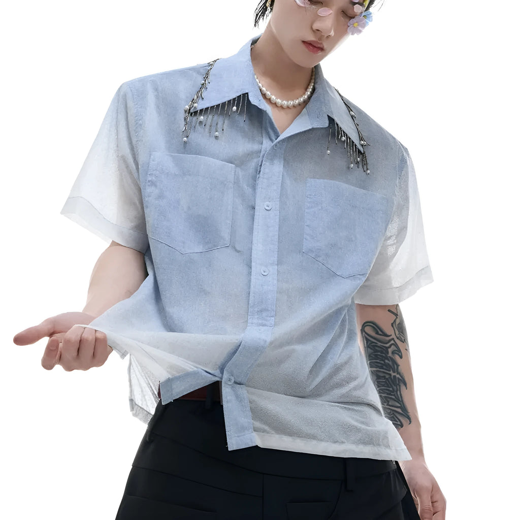 Men's loose fit blue and white gradient short sleeve shirt with quilted texture