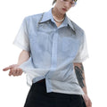 Men's loose fit blue and white gradient short sleeve shirt with quilted texture