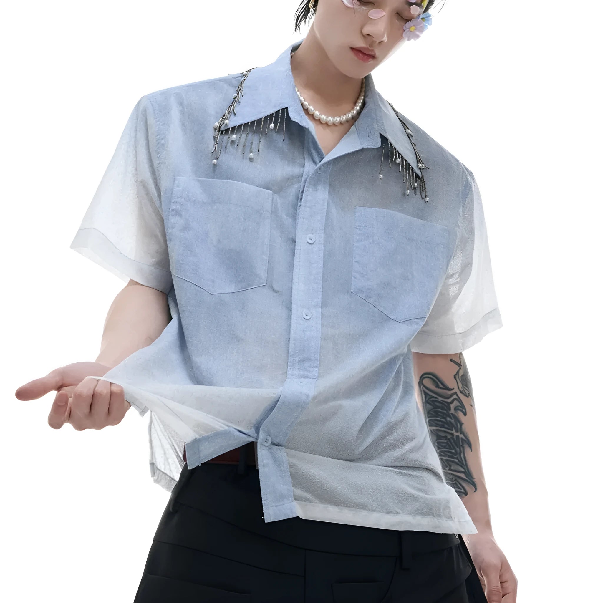 Men's loose fit blue and white gradient short sleeve shirt with quilted texture