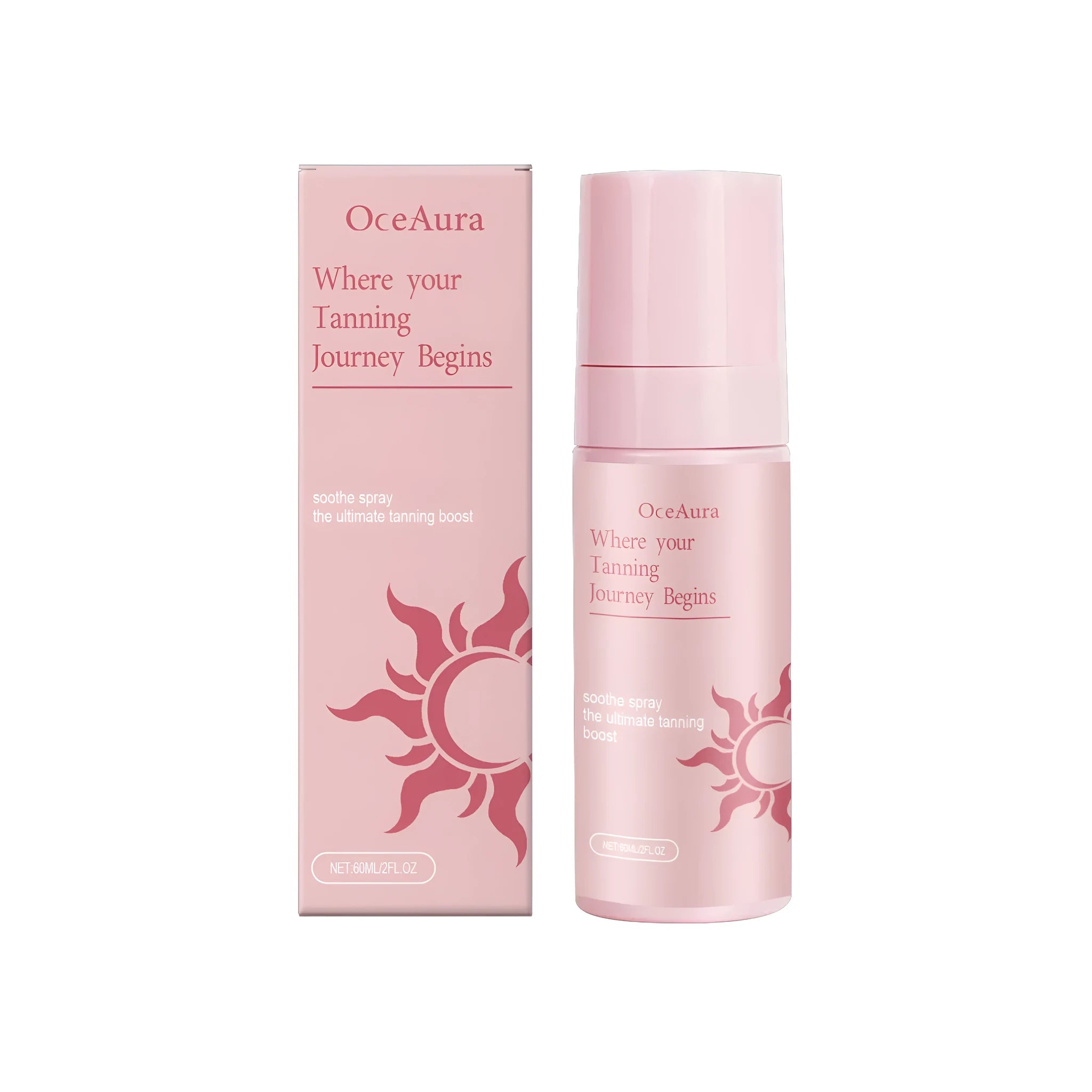60ml bottle of sun-free tanning spray with spray nozzle, featuring aloe and green tea extracts