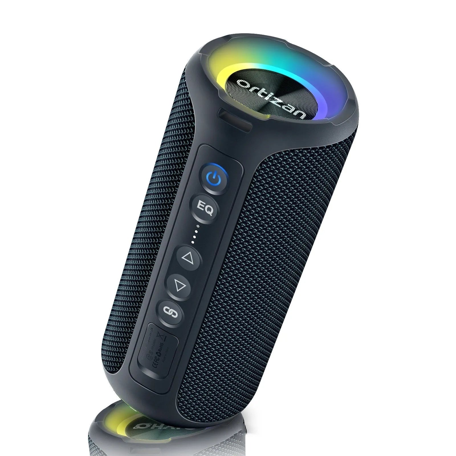 Black and blue fabric-covered wireless Bluetooth speaker with LED lights showing 40W power rating