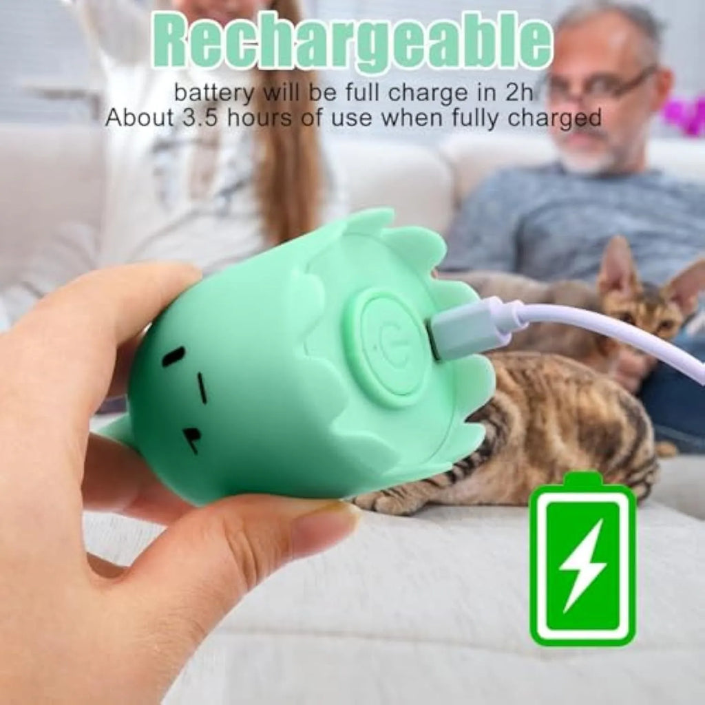 Green automatic cat toy with swinging silicone tails on 38cm wand for indoor feline play