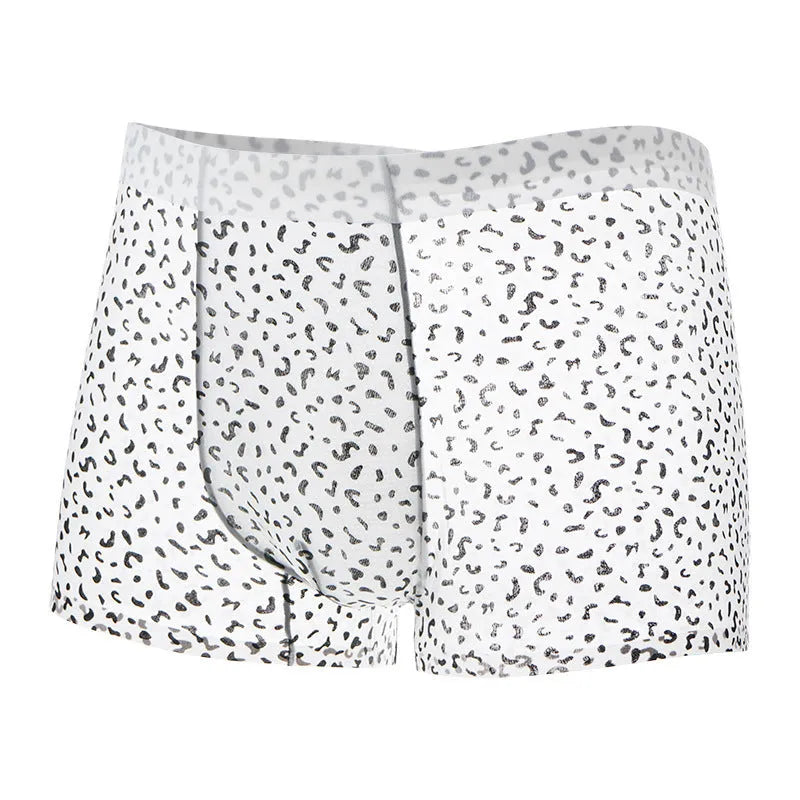 Men's ice silk boxer shorts in camouflage leopard print showing mid waist design