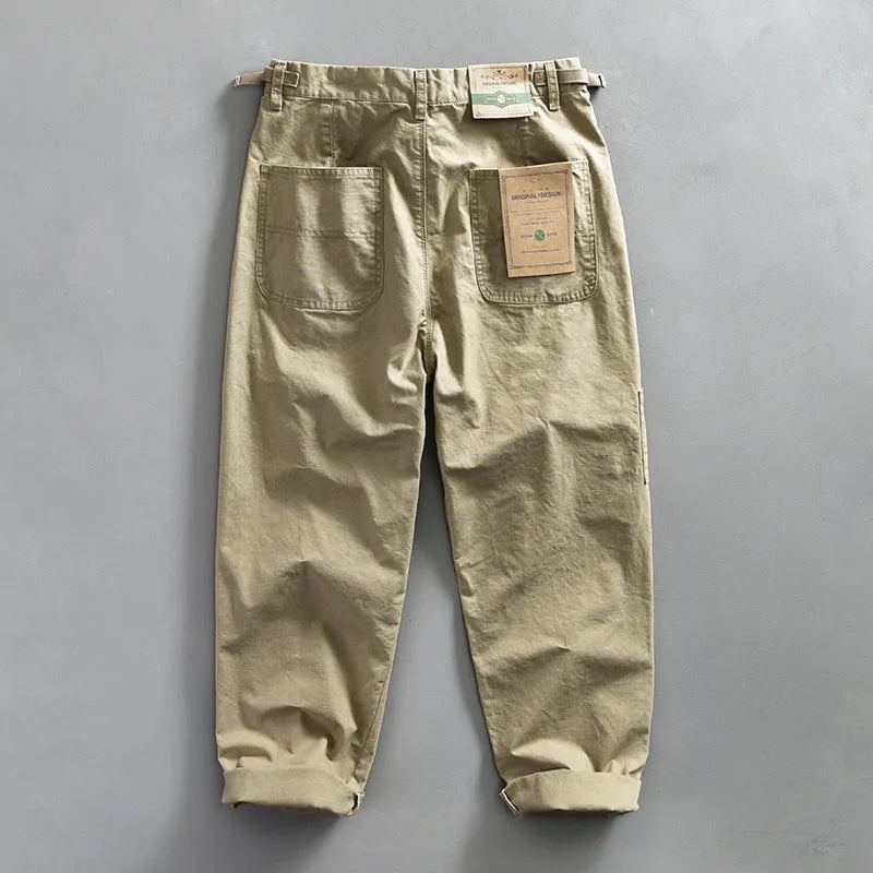 Men's straight leg cotton work trousers in apricot, brown and army green colours for spring and autumn wear