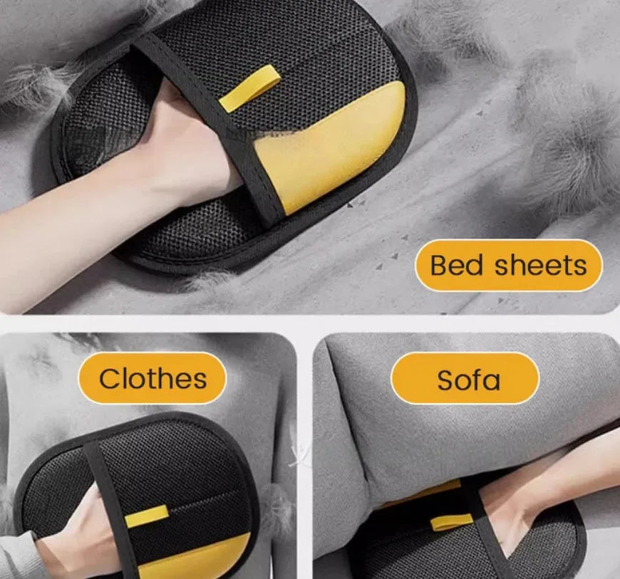 Yellow cat hair removal glove worn on hand for wiping cat hair from sofa, carpet or car seat