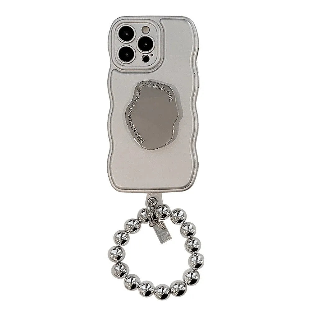 Silver metal bracket phone case for iPhone with electroplated finish and hand bead detail on gray background