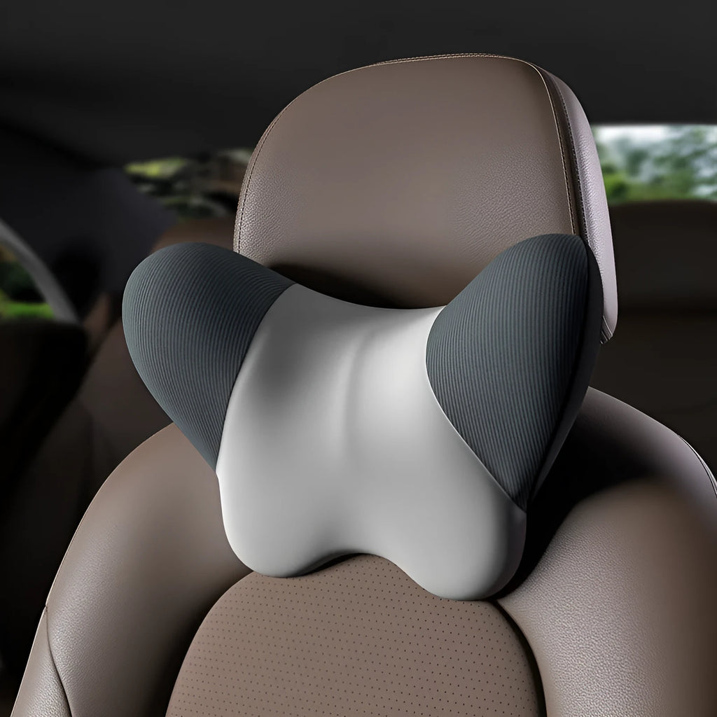Memory foam car headrest pillow with nylon knitted fabric cover in black and red colour option