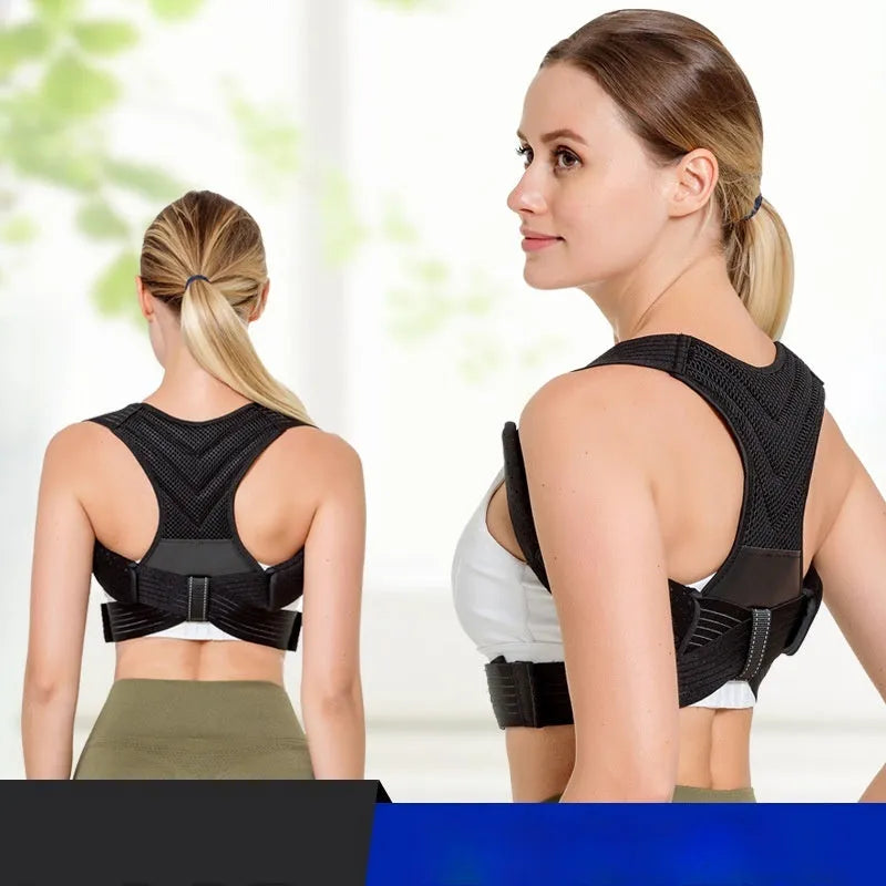 Black anti-humpback posture correction belt shown on a model, suitable for running and fitness.