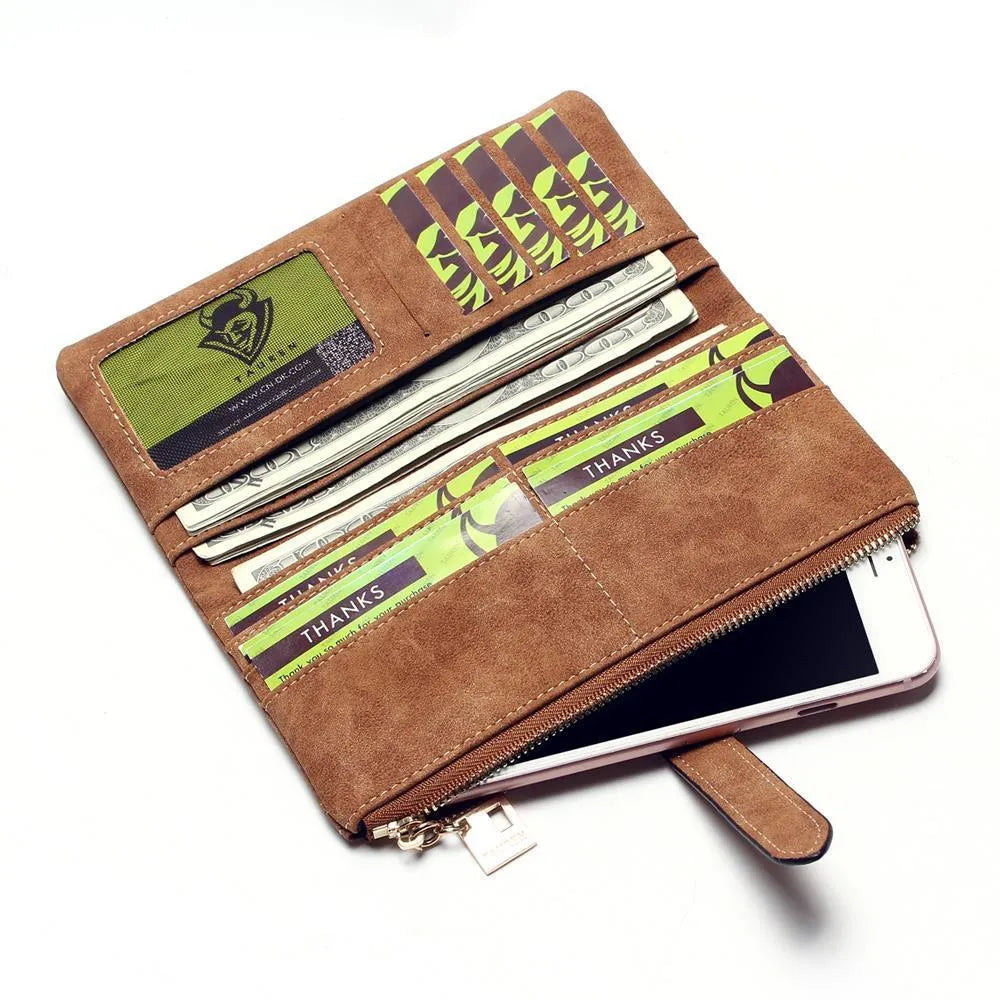 Women's vertical long wallet in matte PU leather with a drawstring zip closure, shown in army green.