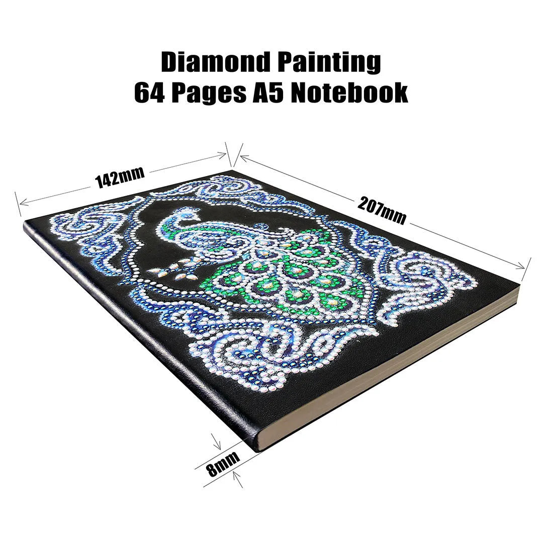 Black A5 diamond painting notebook open to a peacock design with shaped and bright sparkling drills