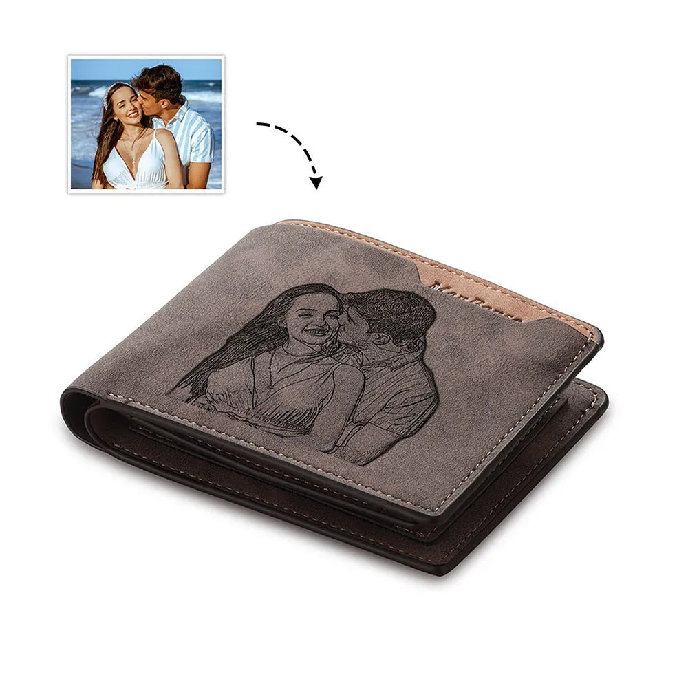 Coffee brown engraved horizontal short PU wallet for men, showing photo personalisation on the cover.