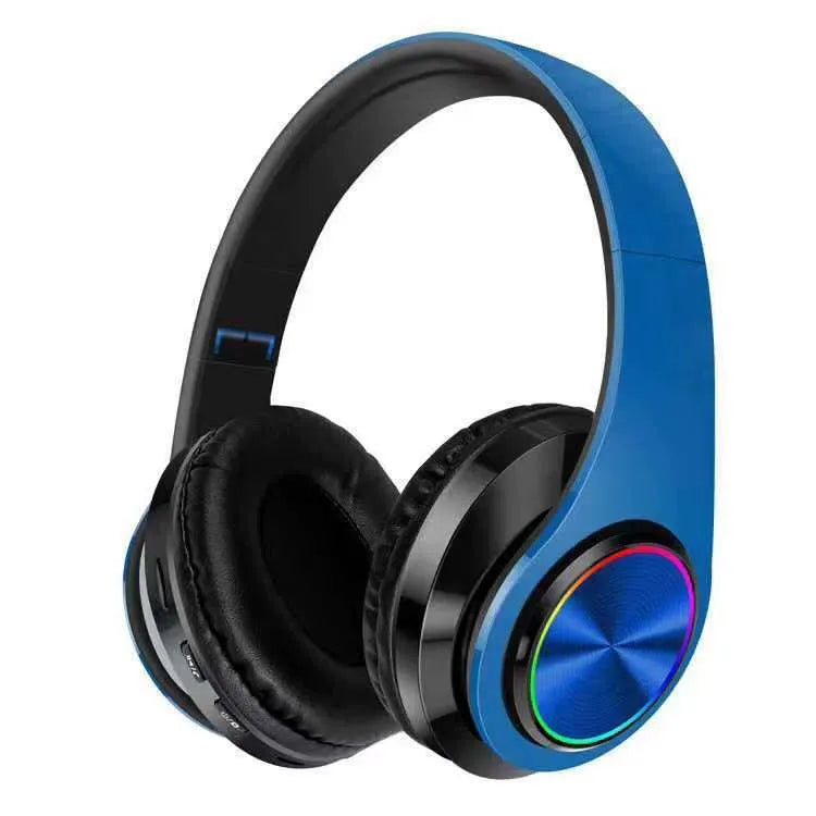 Black wireless over-ear Bluetooth gaming headset with LED breathing lights on the earcups.